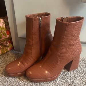 ASOS Croc-Embossed Block Heel Ankle Boots - Chestnut Brown